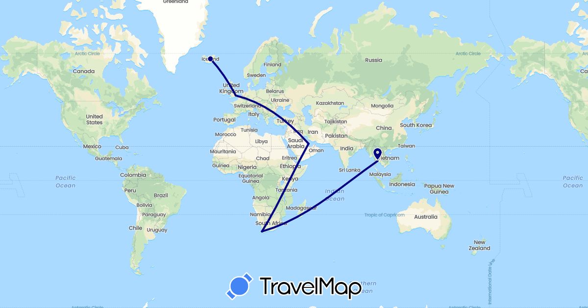 TravelMap itinerary: driving in United Kingdom, Iceland, Qatar, Thailand, South Africa (Africa, Asia, Europe)